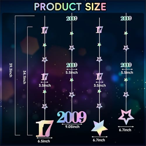 Image of Eucutur Iridescent 17th Birthday Decorations for Girls Boys, Pre-Strung Glitter Twinkle Number Vintage 2009 17 Years Old Hanging Streamer Banner Party Supplies, Seventeen Bhday Decor