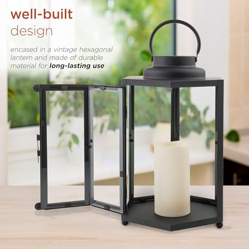 Image of Alpine Corporation 14 inch Tall Outdoor Hexagonal Battery-Operated Metal Lantern with LED Lights, Black