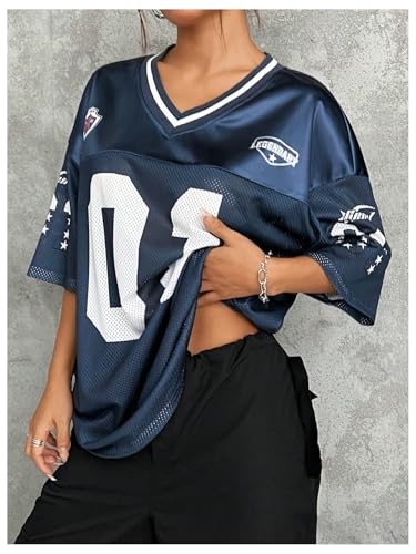 WDIRARA Women's Plus Size Football Jersey Shirts Oversized T Shirt Graphic Letter Print V Neck Short Sleeve Streetwear Top