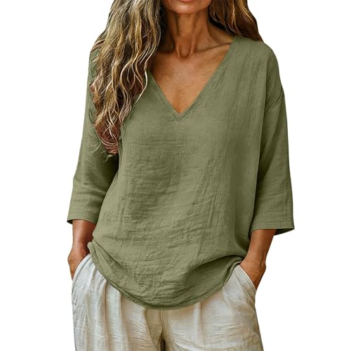 Womens Gauze Tops Womens Summer Tops Casual Linen Cotton Tunic Blouse 3/4 Sleeve Peasant Gauze Shirts V Neck Loose Fit Beach Vacation Tees 2026 Resort Wear Green