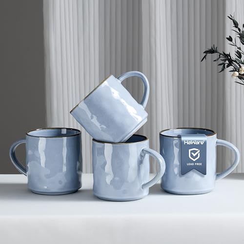 HaWare 18OZ Coffee Mugs Set of 4, Stoneware Coffee Cups with Handle, Latte Mug for Man, Woman, Dad, Mom, Modern Tea Mugs for Latte/Cappuccino/Cocoa/Milk, Dishwasher& Microwave Safe, Reactive Blue