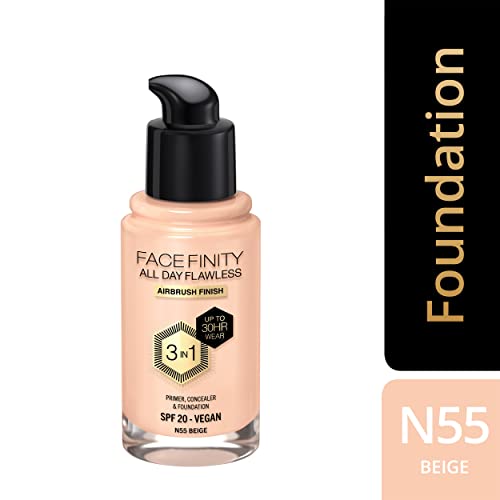 Max Factor Facefinity 3-in-1 All Day Flawless Liquid Foundation, SPF 20 - 55 Beige (Packaging May Vary) - Image 3