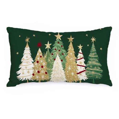 AACORS Christmas Pillow Cover 12X20 Inch Watercolor Christmas Tree Stars Decoration Holiday Farmhouse Winter Pillow Case for Sofa Couch DecorGreen AA366-12