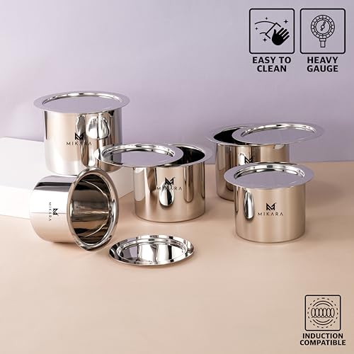 Image of MIKARA Flat Bottom Induction Friendly Stainless Steel Tope Set, Mirror Finish, 5-Piece Combo (325ml, 425ml, 525ml, 650ml & 750ml), Includes 5 Topes with Lids