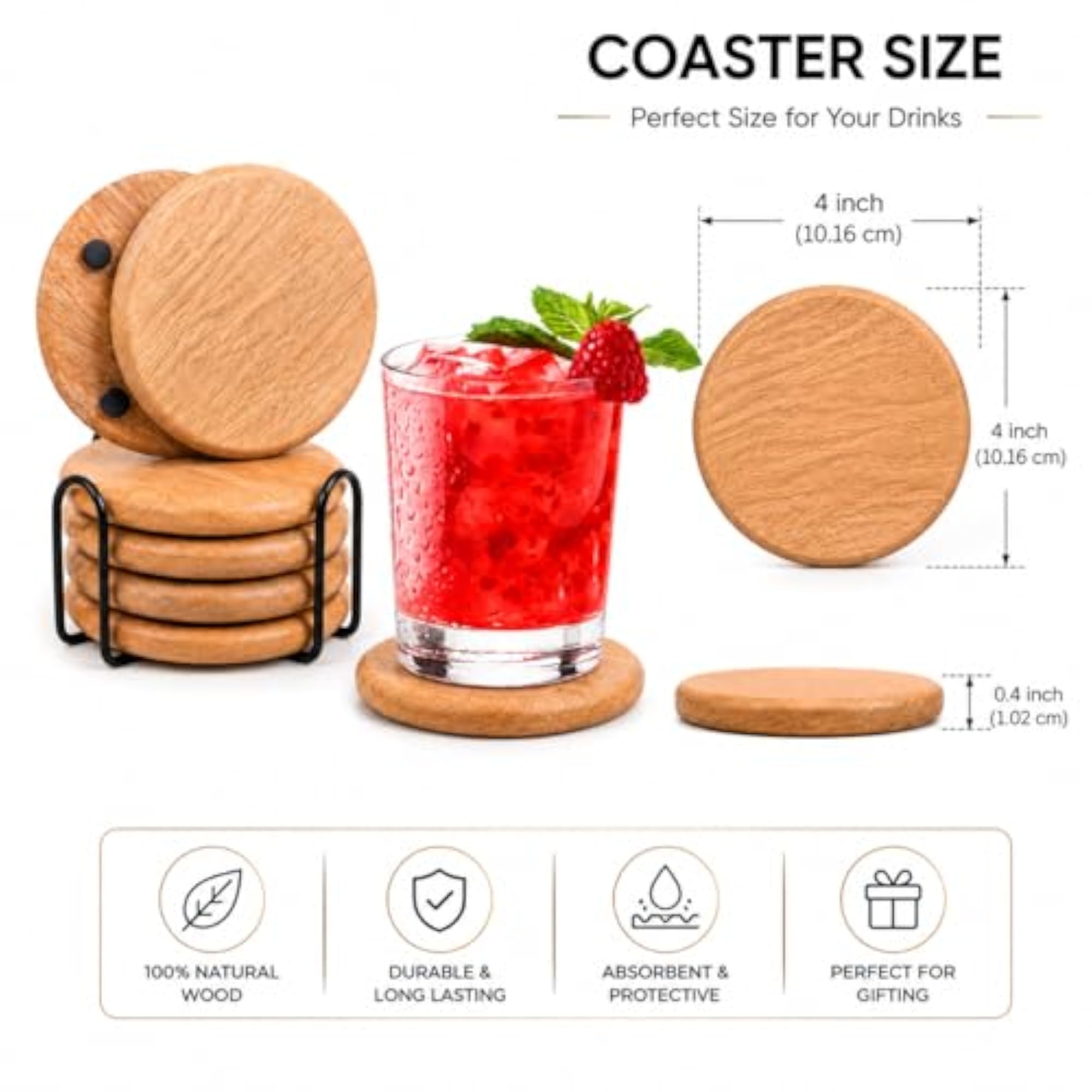Wooden Coaster Set of 4 with Holder for Dining Table