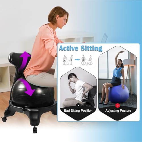 Image of Active Sitting Exercise Ball Chair for Adults - Ergonomic Office Yoga Ball Chairs, Improve Back Pain and Balance, Lockable Wheels, Foot Pump - Buy Now on Amazon