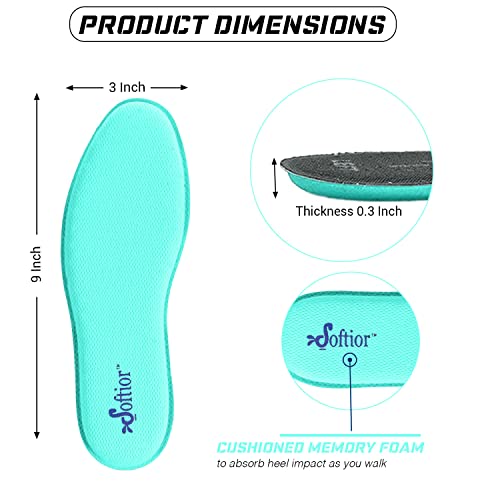 Softior Women's Memory Foam Full Length Comfort Shoe Insoles, Stay In Place, No Arch Support, Running Sports Work Hiking Shoes Replacement Inserts, Size 5-11 Pack-1 (Turquoise) #TOP2