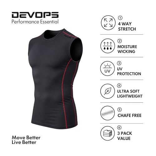 Image of DEVOPS 3 Pack Men's Athletic Compression Shirts Sleeveless | Gym Training, Running, Moisture Wicking, Compression Fit, 4-Way Stretch, UPF 50+, Sleeveless