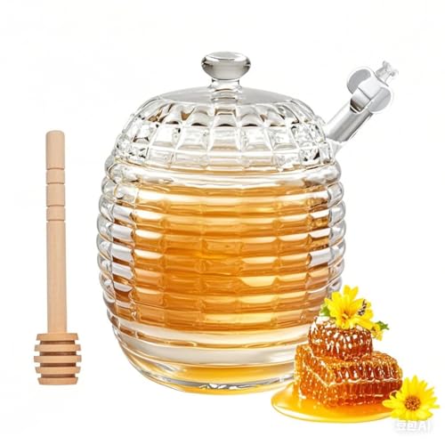 CZCMYAU Honey Jar with 2 Dippers and Lid Glass Honey Dispenser 8oz Honeycomb Container Handcrafted Honey Pot for Home Kitchen