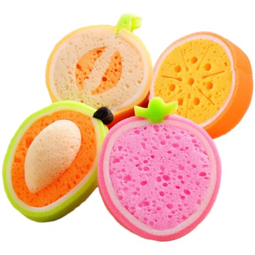 FUOYLOO Esponjas de Baño para 4 Unidades Diseño de Frutas Material Seguro y Ligero Accesorio de Baño Adecuado para Limpieza Suave y Divertida la Bañera