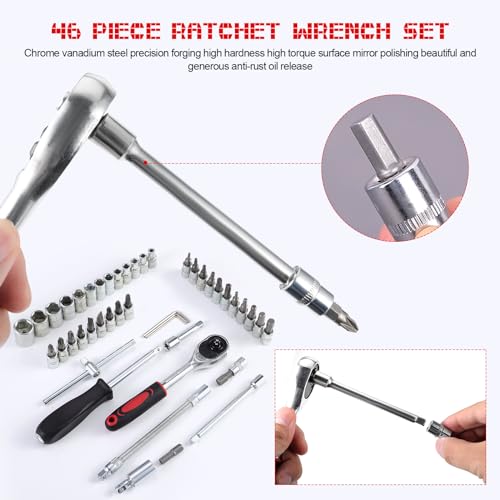 46PCS Socket Wrench Set, Ratchet Socket Set, Metric Drive Socket Wrench Ratchet Tools Kit, Screwdriver Bits Auto Vehicle Repair Tool 1/4 Inch (Black)