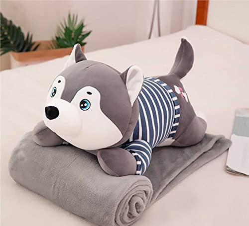 Cuddly Husky Travel Blanket And Pillow 2 In 1, Stuffed Animal Throw Pillow And Fleece Blanket Combo, For Airplane Train Travel,Camping Or Office, Grey #TOP1