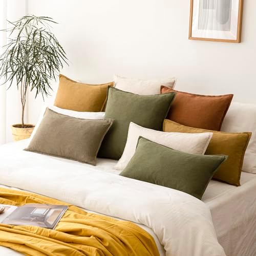 Foindtower Pack of 2, Decorative Linen Soild Throw Pillow Covers Soft Accent Cushion Case Boho Farmhouse Pillowcase for Couch Sofa Bedroom Living Room Home Decor 22 x 22 Inch Light Brown