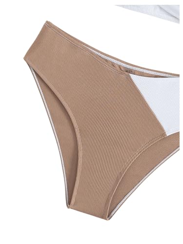 Image of SweatyRocks Girl's Two Piece Color Block Swimsuit V Neck Ribbed Bikini Set Bathing Suit Beachwear White Brown 10Y
