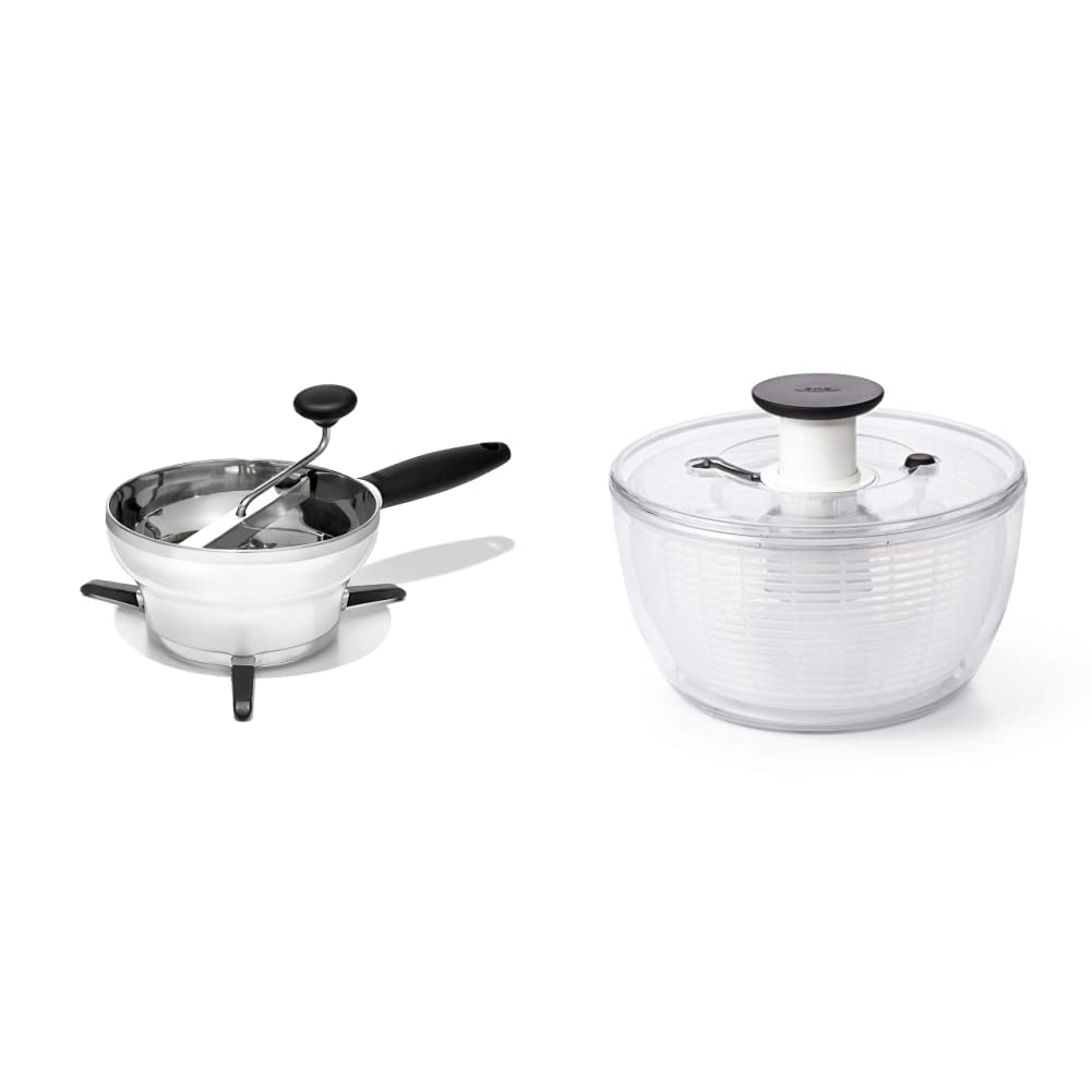 OXO Good Grips – Moulin à légumes - Presse-purée en inox - Gris et blanc & Essoreuse à salade OXO - Transparente - 6 L