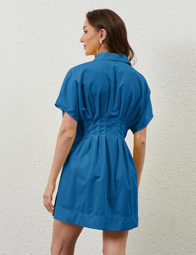 Image of calbatic Women Button Down Pleated Shirt Dress Striped Short Sleeve Summer Casual Business Flowy Mini Short Dress Dark Blue