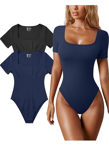 Image of OQQ Women's 2 Piece Bodysuits Sexy Ribbed One Piece Square Neck Short Sleeve Bodysuits