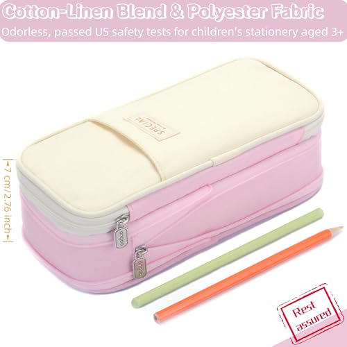 Image of Large Capacity Big Special Cute Aesthetic Preppy Canvas Pencil Case Organizer Holder Pouch Bag with Zipper Compartments, Pen Cases for Women Girls School Adults (Beige /pink)