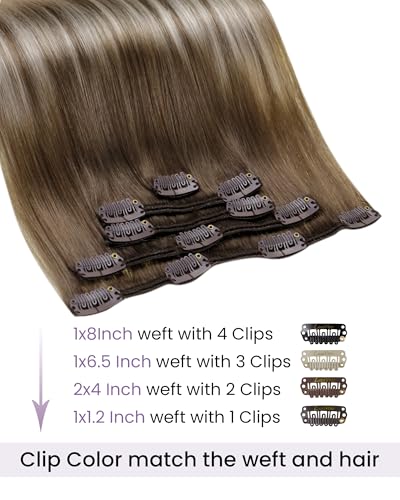Image of LaaVoo Human Hair Clip In Extensions, For Party Wear, 20 Inch 5Pcs 80g | Muted Light Brown Blonde Ombre Real Hair Extensions Clip In Human Hair, Add Volume, Match Fine Natural Hair