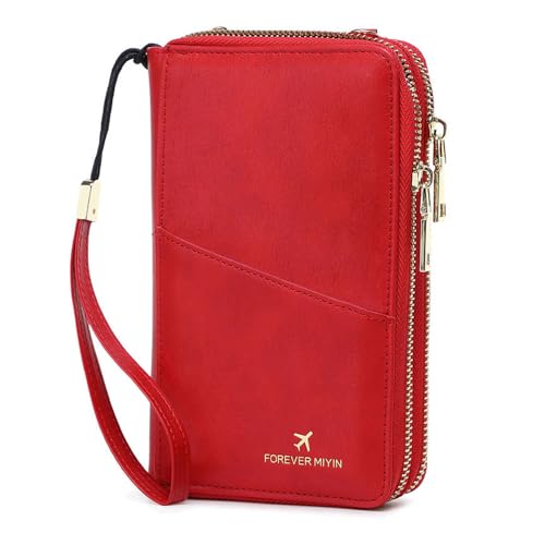 Portafoglio per passaporto RFID da donna grande capacità con cerniera con cinturino regolabile e da polso il tuo portafoglio ideale per il trasporto Rosso casual