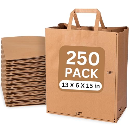 JET PAPER BAGS - 13x6x15 Inch [250 Pcs] Large Brown Paper Bags with Flat Handles Ideal for DIY, Takeout, Grocery, Goody, Retail, Party, Gifts, Weddings - Recyclable Kraft Paper Gift Bags with Handles