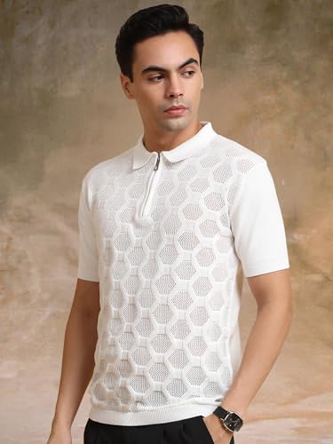 Image of Maniac || Mens || Solid Textured || Half Zip || Polo Neck || Half Sleeve || Cotton || T-Shirt
