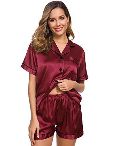Image of SWOMOG Womens Silk Satin Pajamas Set Short Sleeve Sleepwear Button Down Top and Shorts Loungewear 2 Piece Pjs Set XS-3XL