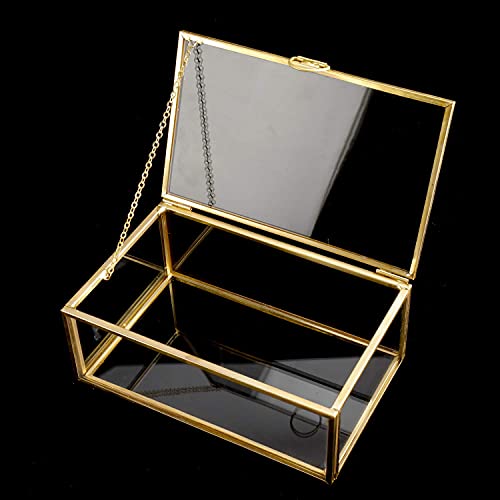 HighFree Copper Golden Vintage Glass Lidded Box Decorative Jewelry Keepsake Display Organizer Clear Rectangle Box Rings Bracelet Golden Organizer Birthday Party Decor (5.75x3.5x2 in)