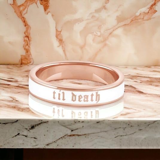 6mm and 4mm Wide Til Death Rose White Enamel Ring,Sterling Silver Band with White Engraving, Gothic Wedding or Promise Ring, Stacking Anniversary Band, Personalized Jewelry for Her