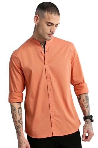 Image of SHOWOFFFF Men Solid Casual Shirt | Mandarin Collar Full Sleeves Cotton Shirt for Mens | Slim Fit Regular Length Shirt for Men's