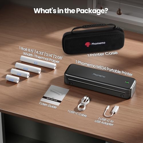 phomemo portable printers wireless for travel upgraded m834 bluetooth thermal printer 8534 x 1134amp a4 sizeinkless mobile printer with carry case for travelofficeschoolcarhomeblack