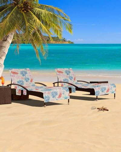Nautical Coral Starfish Beach Chair Cover with Side Pockets,Microfiber & Quick Dry Pool Chaise Lounge Chair Towels Covers for Sun Sunbathing Patio Garden Hotel,Vintage Coastal Seashell Compass Anchor