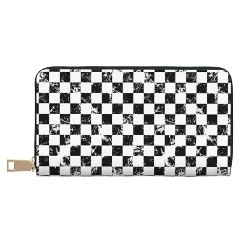 Leather Thin Slim Wallets for Women Men - Fashion Creative Checkered Black White Print Card Wallet Holder with Zipper