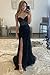 Fanciest Women's V-Neck Lace Mermaid Prom Dresses Long with Slit Spaghetti Straps Formal Dress 2024 Silver Evening Party Gowns US0