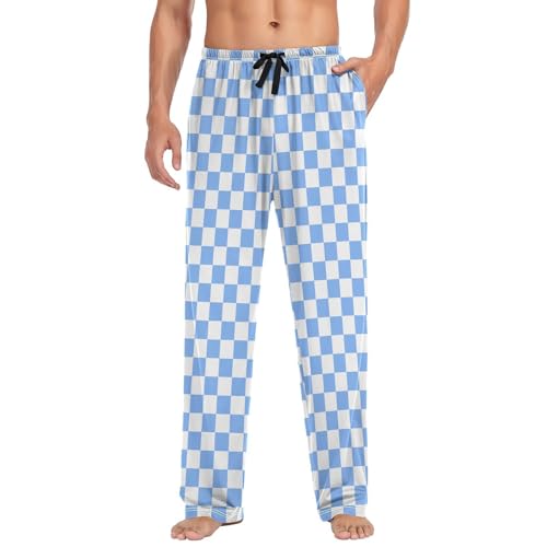 Men's White and Blue Checkered Pajama Pants with Pocket S3