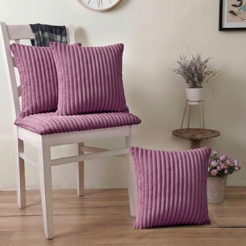 Image of Yellow Weaves Pencil-Stripe Fur Cushion Covers | Soft Polyester | Decorative Sofa & Throw Pillow Covers | 16x16 Inches, Pack of 3 (Purple)