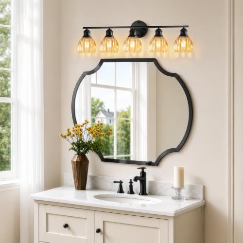 Image of Bathroom Light Fixtures, 5-Light Brushed Black Vanity Lights for Bathroom with Amber Tulip Glass Shade, 30 inch Vintage Bathroom Vanity Lighting Fixtures Over Mirror for Bedroom Living Room Hallway