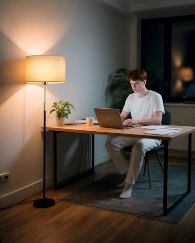 Image of Lightdot 60IN LED Floor Lamp for Living Room, Mid Century Floor Lamps with 2 Color(Off-White, Red-Brown) Fabric Shades, Industrial Floor Lamps, Standing Tall Lamp for Bedroom, Home Office-Black