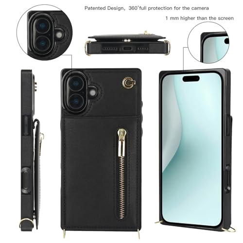 Ysnzaq Wallet Case for iPhone 16 6.1" with Crossbody Lanyard Strap & Credit Card Holder for Women PU Leather Zipper Purse Flip Folio Cover Case for iPhone 16 / Apple 16. XK-Black - Image 2