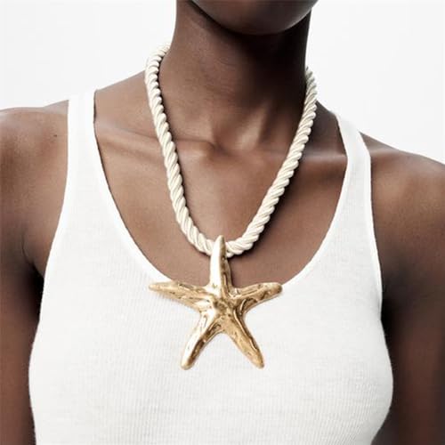 Dtja Large Starfish Pendant Necklace for Women Girls Handmade Hammered Star Shaped Ocean Sea Marine Life Rope Chain Adjustable Necklaces Fashion Chic Beach Holiday Party Jewelry 20"3