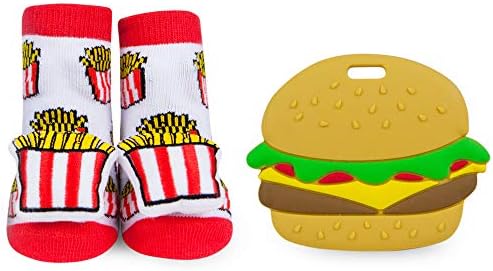 WADDLE Unisex French Fry Rattle Cartoon Socks and Silli Chews Hamburger Baby Teether Silicone Teething Toy Infant Pain Relief Soother Newborn Funny Food Gift Set