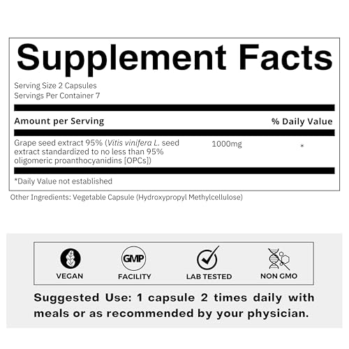 Image of FOLIUS LABS Grape Seed Extract 500mg - 95% OPCs Polyphenols - High Strength Grape Seed Supplement - Support cardiovascular health - (Trial Pack)