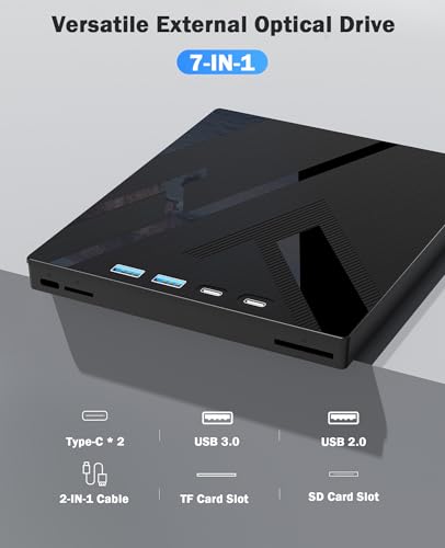 Image of Wbacon 7 in 1 External CD /DVD Drive for Laptop, Portable DVD Player for Laptop with SD /TF Port, External DVD Drive with USB 3.0 /Type C, CD Drive USB for PC Windows Linux