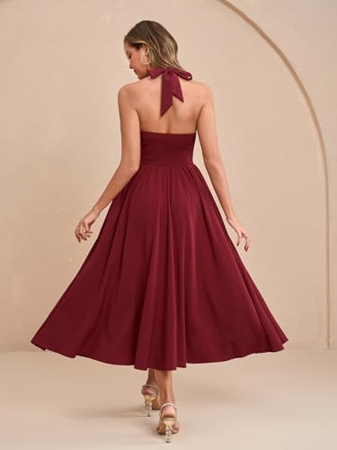 Image of Parthea Women's Gingham Halter V Neck Midi Dress Corset Smocked Sundress Flowy A Line Wedding Guest Dresses