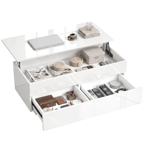 Table Basse HOMCOM réglable en Hauteur, Table de Salon avec Plateau relevable, 2 tiroirs et Espace...