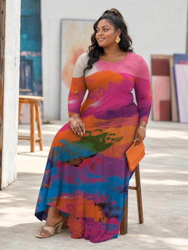 Image of PinkPatty Plus Size Maxi Dress for Curvy Women Crew Neck Long Sleeves Casual Dress Vacation Sundresses with Pockets
