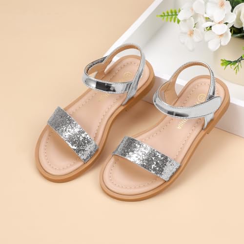 Image of PANDANINJIA Girls Sandals Open Toe Summer Flats Dress Shoes | Toddler /Little /Big Kid, Flower Girl, Lightweight Cushioned, Hook and Loop, Breathable Insole, Wedding, Party