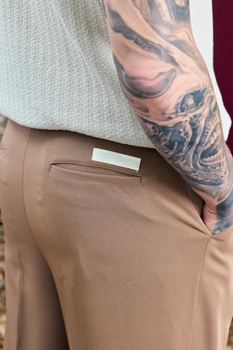 Image of SNITCH Men Bordeaux Trousers | Relaxed Fit High Rise Pleated Front with Turned-Up Cuffs | Smooth Polyester Fabric for Casual & Formal Wear | Summer Style