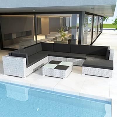 GOLINPEILO 8-Pieces Patio Furniture Sets Rattan Wicker Outdoor Sectional Furniture Set Conversation Sofa Set with Tea Table & Thick Cushion, Poly Rattan White