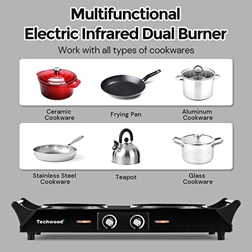 Hot Plate, Techwood 1800W Double Infrared Ceramic Electric Stove for Cooking, Dual Control Cooktop Burners, Portable Anti-scald Handles Suitable for RV/Home/Camp, Compatible for All Cookwares